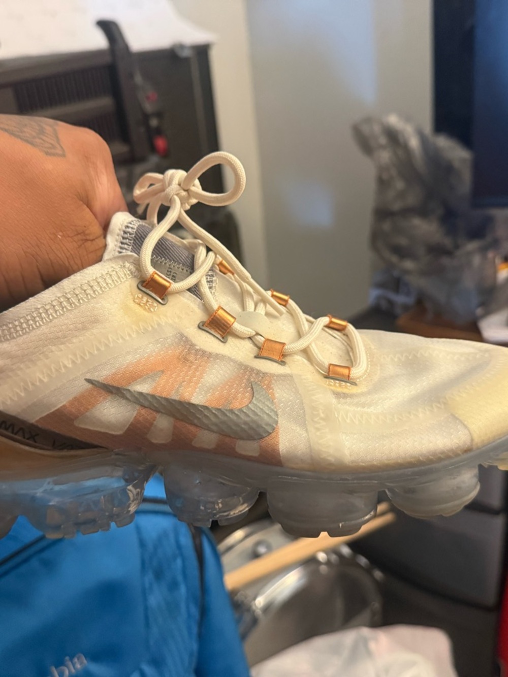 Nike White and Gold Vapormax Running Shoes